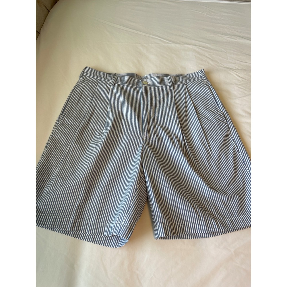 JOS A Bank Shorts Mens 36 Blue White Seersucker Striped Pleated Dress Shorts